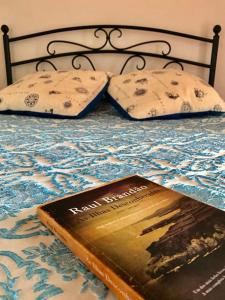 FeiteiraAdega do Golfinho的一本书坐在床上,上面有两个枕头
