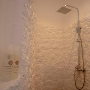 普瓦尼梅查恩加尼Tamu Tamu Boutique Hotel的带淋浴的浴室(带白色墙壁)