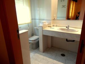 杜尔卡尔Pension Rural La Fonda的一间带水槽、卫生间和镜子的浴室