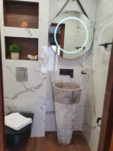 卡赞勒克Kamelia guest rooms的一间带卫生间和镜子的浴室