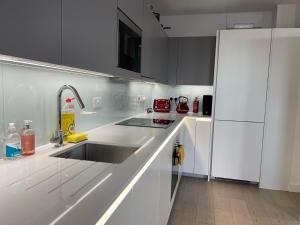 伦敦Modern & Spacious Penthouse in North London的白色的厨房配有水槽和冰箱