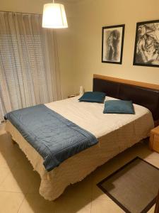 阿尔布费拉Pórtico de Malpique的一间卧室配有一张带蓝色枕头的大床