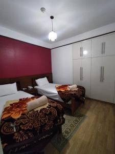 伯格埃拉伯E-Just Hotel Borg El Arab的酒店客房设有两张床和红色的墙壁。