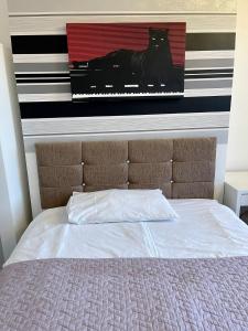 诺里奇Golden Triangle Budget Rooms的一张床上挂着一张墙上的黑猫照片