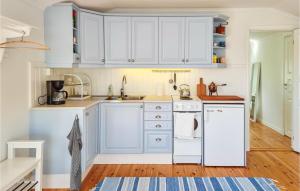 HenånAmazing Home In Henn With House Sea View的白色的厨房配有白色家电,铺有木地板