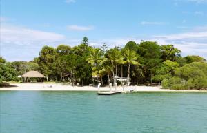 黄金海岸Coomera Houseboats的海滩上设有码头、凉亭和树木