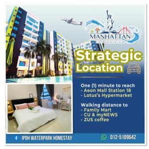 怡保Ipoh Waterpark Manhattan Premium Suites by IWH Suites的一张飞镖,为一家拥有床和建筑的酒店