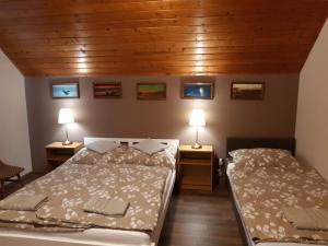 扎马迪佐马尔迪里格滋小屋酒店的配有两张床铺的房间,桌子上放着两盏灯