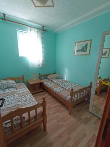 扎布利亚克Apartments & Rooms Vitko的蓝色墙壁客房的两张床