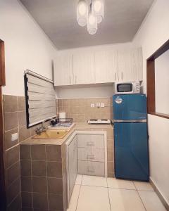 阿比让Résidence Palms Abidjan的厨房配有蓝色冰箱和水槽