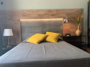 阿尔布费拉Lost & Found - Guesthouse & Suites的一间卧室配有一张带两个黄色枕头的床