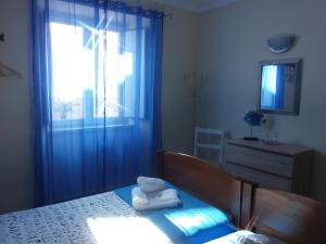拉戈斯Blue Moon GuestHouse的一间卧室配有一张带蓝色窗帘的床和一扇窗户