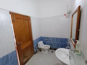 菩提伽耶The Gupta Guest House的一间带卫生间、水槽和门的浴室