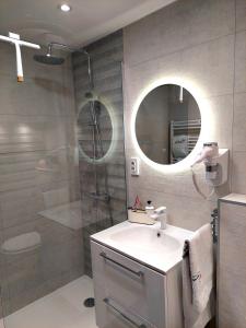萨格勒布Zagreb4you Apartments的一间带水槽、淋浴和镜子的浴室