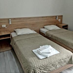 茨卡尔图博Hotel Giorgi的两张位于酒店客房的床,配有毛巾