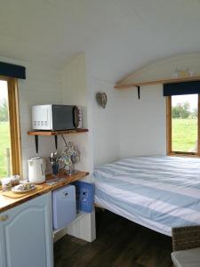 Long MartonSunny Mount Shepherd's Hut的一间小卧室,配有一张床和一台微波炉