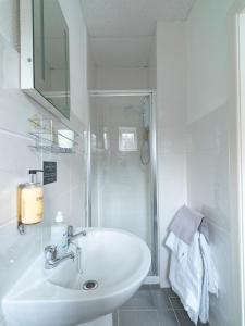 莱瑟姆-圣安妮霍华思之家酒店的白色的浴室设有水槽和淋浴。