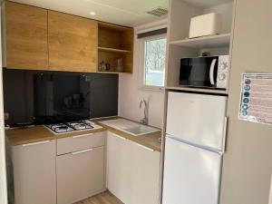 坎佩尔Mobilhome tout confort M9 domaine de Lanniron的小厨房配有冰箱和微波炉。