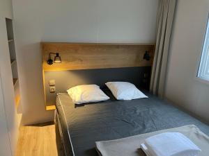 坎佩尔Mobilhome tout confort M9 domaine de Lanniron的一间卧室配有一张带两个枕头的床