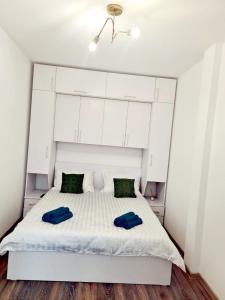 奥拉迪亚Christopher Apartment的一间卧室配有白色的床和2个蓝色枕头