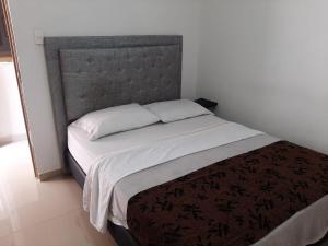 巴兰基亚Villa Mary Hostal的一间卧室配有一张大床和灰色床头板