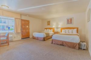 马里波萨Mariposa Lodge的酒店客房设有两张床和窗户。