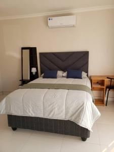 利文斯顿Kasuda - self contained room in Livingstone的一间卧室配有一张带蓝色枕头的大床