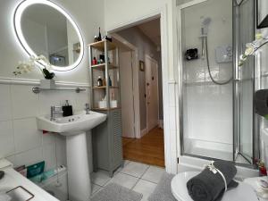 科克Lovely apartment in Cork的白色的浴室设有水槽和淋浴。