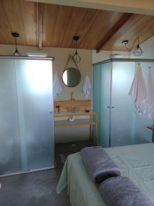 戈亚斯州上帕莱索Flores do Cerrado的一间卧室配有一张床,浴室设有水槽