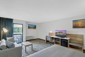 切斯特顿湖畔水鸟酒店的酒店客房设有一张床和一张带电视的书桌。