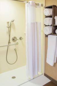 New TownLittle Missouri Inn & Suites New Town的带淋浴和浴帘的浴室