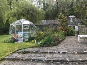 多尔盖罗Bryn Mair的石墙旁花园中的温室