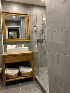 圣费朗索瓦-隆尚蓝湖1650酒店的带淋浴、盥洗盆和镜子的浴室