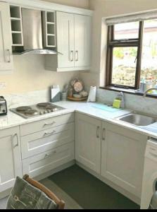 韦克斯福德Townhouse Wexford的厨房配有白色橱柜、水槽和窗户。