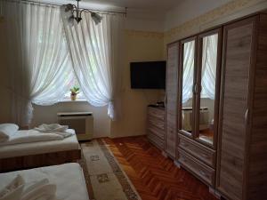 毛科Szent István Wellness Panzió的一间卧室配有两张床和一台平面电视