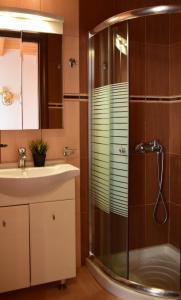费斯卡尔德宏Fiori Studios Fiscardo的带淋浴和盥洗盆的浴室