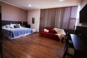 马拉圭Hotel Terra Patagonia的一间卧室配有一张床和一张红色的沙发
