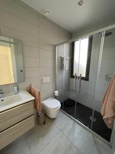 圣佩德罗-德尔皮纳塔尔Villa de 2022 moderna y con piscina privada的带淋浴、卫生间和盥洗盆的浴室