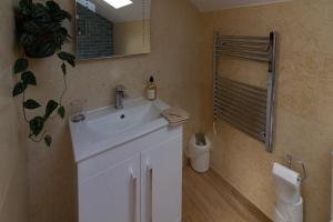DraycottScandi-luxe Studio, with wood fired hot tub的浴室设有白色水槽和镜子