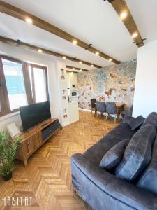 鲁塞Habitat Central Apartment的客厅配有蓝色的沙发和电视