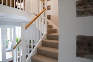 特鲁罗Tresithick Vean Bed and Breakfast的楼梯有白色的墙壁和棕褐色的地毯