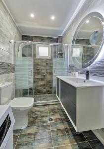 阿利卡纳斯Vrachos holiday home的一间带水槽、卫生间和镜子的浴室