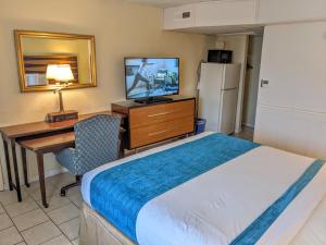 怀尔德伍德魁北克汽车旅馆的酒店客房配有一张床、一张书桌和一台电视。