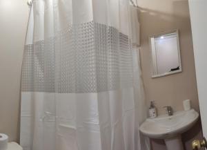 里坎雷Departamentos Entre Lagos的浴室设有白色的淋浴帘和水槽