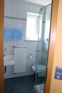 金茨堡Hotel Heike garni的一间带水槽和卫生间的浴室以及窗户。