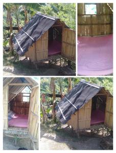 安蒂波洛Raw Camping at Camping Paradise Singalong Mountain Garden的铺有紫色地板和黑色遮盖的木制遮蔽物