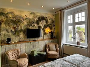 巴尔辛格豪森Gästehof Cafe im Schafstall的客厅配有2把椅子和平面电视