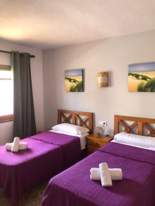 伊斯费古耶拉尔海滩Apartamentos Colomar的紫色床单的客房内的两张床