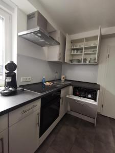 雷姆沙伊德Moderne Wohnung mit Terrasse und eigenem Zugang.的厨房配有白色橱柜和黑色洗碗机