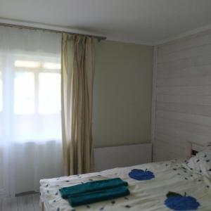 斯拉夫西克Good House的一间卧室配有一张带蓝色床单的床和一扇窗户。